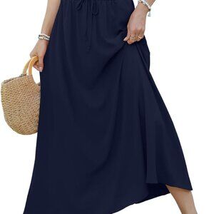 Women Maxi Skirt Long Flowy Pleated High Waisted with Pockets Summer Casual Elas